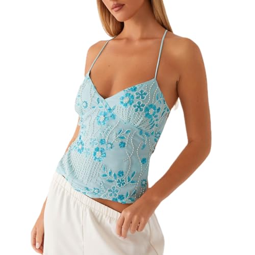 Women Y2K Sequin Cami Top Sexy V Neck Open Back Criss Cross Straps Beaded Sequin Halter Top Womens Glitter Sexy Deep V Neck Sequin Beaded Halter Top (Blue,M) von WANWEN