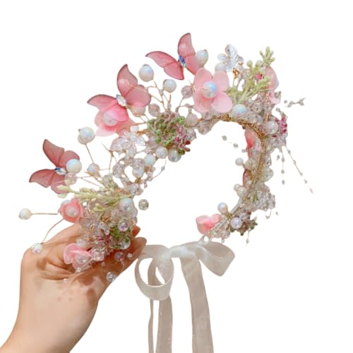 WANYI 1 Stück Blumenkranz Haare, Haarschmuck Kommunion Mädchen, Blumen Haarreif mit Armband Set, Perlen Haarreif Haarreifen Haarkranz für Hochzeit Party(Haarband) von WANYI