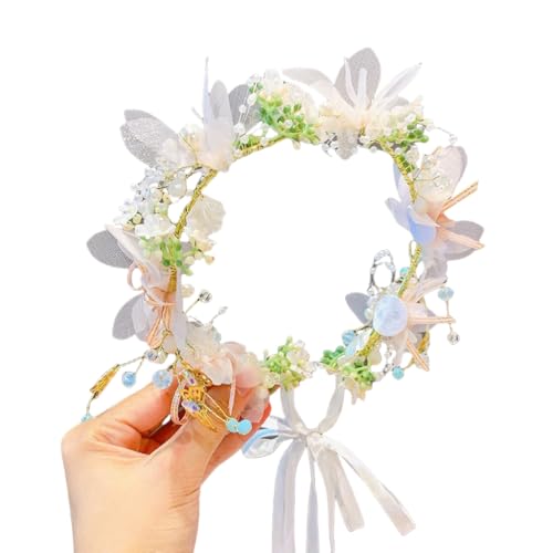 WANYI 1 Stück Blumenkranz Haare, Haarschmuck Kommunion Mädchen, Blumen Haarreif mit Armband Set, Perlen Haarreif Haarreifen Haarkranz für Hochzeit Party(Haarband) von WANYI