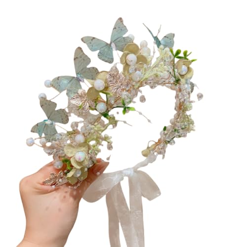 WANYI 1 Stück Blumenkranz Haare, Haarschmuck Kommunion Mädchen, Blumen Haarreif mit Armband Set, Perlen Haarreif Haarreifen Haarkranz für Hochzeit Party(Haarband) von WANYI
