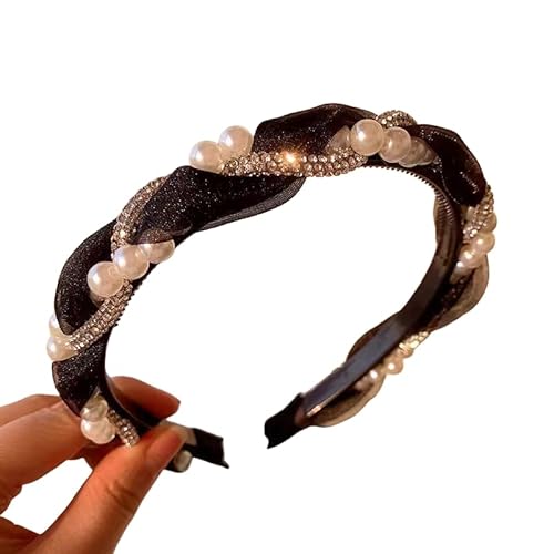 WANYI 1 Stück Haarreifen Damen Elegant Haarreif Geflochten Strasssteine Stirnband mit Perlen Mode Stirnbänder Haarband für Damen Mädchen Haarschmuck(Schwarz) von WANYI