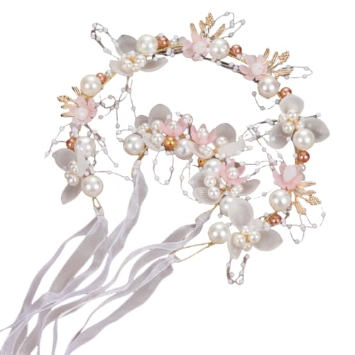 WANYI 2 Stück Blumenkranz Haare, Haarschmuck Kommunion Mädchen, Blumen Haarreif mit Armband Set, Perlen Haarreif Haarreifen Haarkranz für Hochzeit Party(Haarbänder + Armbänder) von WANYI