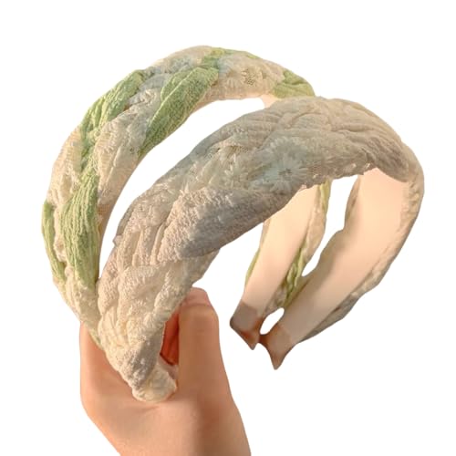 WANYI 2 Stück Geflochtene Haarreifen Damen Spitze Stirnband Breit Süßer Haarbänder Mode Haarreif Haarband Niedliches Haarschmuck für Mädchen Damen(Beige+Grün) von WANYI