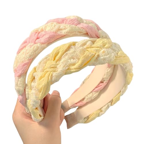 WANYI 2 Stück Geflochtene Haarreifen Damen Spitze Stirnband Breit Süßer Haarbänder Mode Haarreif Haarband Niedliches Haarschmuck für Mädchen Damen(Gelb+Rosa) von WANYI
