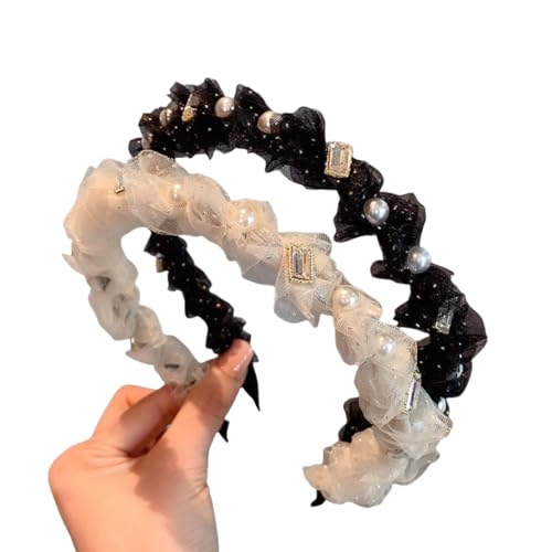 WANYI 2 Stück Glitzer Haarreifen Damen Haarreif Perlen Stirnbänder Spitze Headband Trachten Haarreif Haarband für Mädchen Damen(Weiß + Schwarz) von WANYI