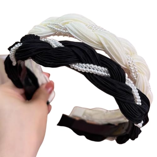WANYI 2 Stück Haarreifen Damen Elegant Haarreif Geflochten Perlen Stirnbänder mit Zahnkamm Süßes Haarband für Damen Mädchen Haaraccessoires von WANYI