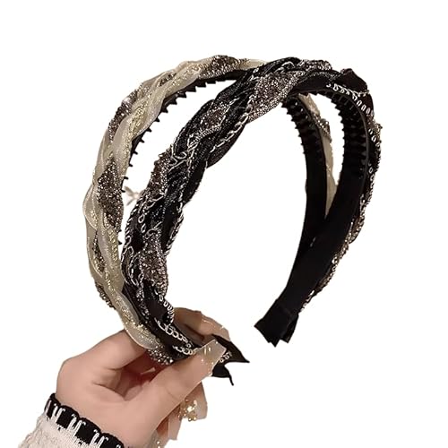 WANYI 2 Stück Haarreifen Damen Haarreif Geflochten Mode Stirnband mit Zahnkamm Elegant Stirnbänder Trachten Haarreif Haarschmuck für Damen Mädchen(Schwarz+Beige) von WANYI
