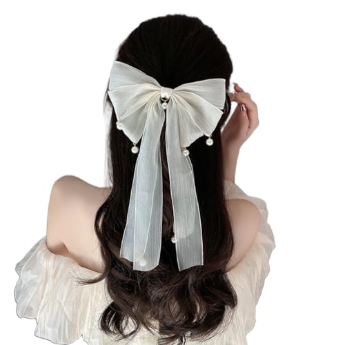 WANYI 2 Stück Haarschleife mit Schleifen Haarspangen Haarschleifen Mädchen Perlen Haarschmuck Haarklammern Schleife Clip Haar Zubehör für Damen Bankett(Weiß) von WANYI