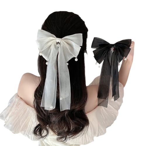 WANYI 2 Stück Haarschleife mit Schleifen Haarspangen Haarschleifen Mädchen Perlen Haarschmuck Haarklammern Schleife Clip Haar Zubehör für Damen Bankett(Weiß+Schwarz) von WANYI