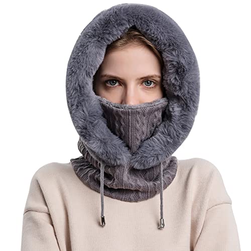 WANYI 2 in 1 Winter Mütze für Damen Wintermütze Strickmütze mit Schal Warme Mütze Kreis Schal Set Winddichte Balaclava Sturmhaube mit Fleecefutter (76 Grau) von WANYI