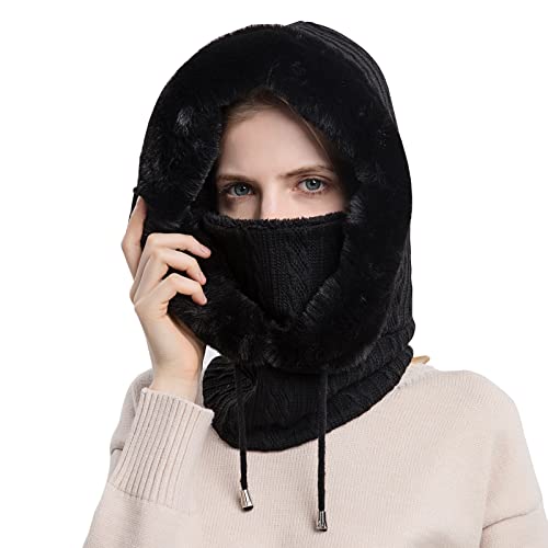 WANYI Wintermütze Strickmütze Sturmhaube Winter Damen mit Kaputzenschal und Ohrenschutz 2 in 1 Warme mütze schal Set Winddichte Mütze Ski Gesichtsmaske mit Fleecefutter 56-59cm (76 Schwarz) von WANYI