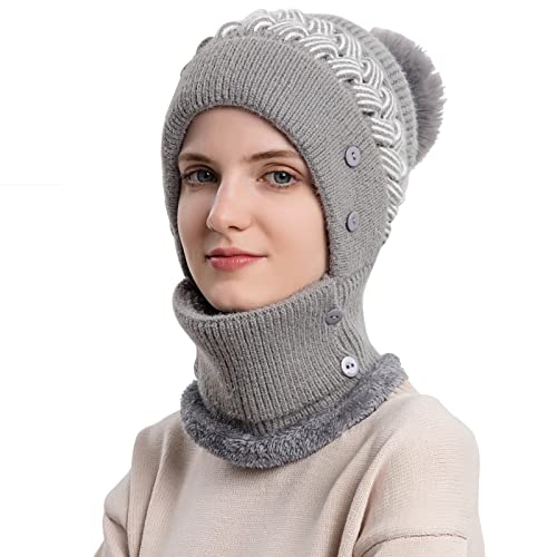 WANYI 2 in 1 Winter Mütze für Damen Wintermütze Strickmütze mit Schal Warme Mütze Kreis Schal Set Winddichte Balaclava Sturmhaube mit Fleecefutter 55-60CM (87 Grau) von WANYI