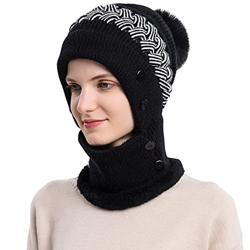 WANYI 2 in 1 Winter Mütze für Damen Wintermütze Strickmütze mit Schal Warme Mütze Kreis Schal Set Winddichte Balaclava Sturmhaube mit Fleecefutter 55-60CM (87 Schwarz) von WANYI