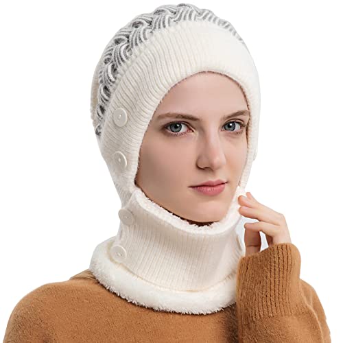 WANYI Wintermütze Strickmütze Sturmhaube Winter Damen mit Kaputzenschal und Ohrenschutz 2 in 1 Warme mütze schal Set Winddichte Mütze Ski Gesichtsmaske mit Fleecefutter 56-59cm (87 Weiß) von WANYI