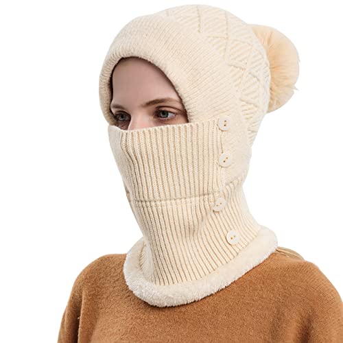WANYI 2 in 1 Winter Mütze für Damen Wintermütze Strickmütze mit Schal Warme Mütze Kreis Schal Set Winddichte Balaclava Sturmhaube mit Fleecefutter 55-60CM (88 Beige) von WANYI