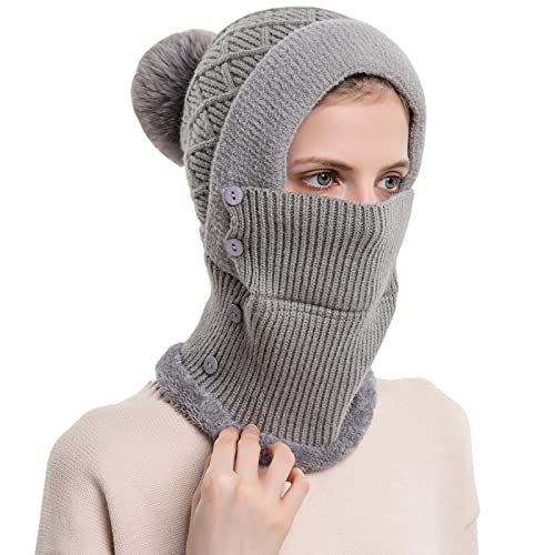 WANYI 2 in 1 Winter Mütze für Damen Wintermütze Strickmütze mit Schal Warme Mütze Kreis Schal Set Winddichte Balaclava Sturmhaube mit Fleecefutter 55-60CM (88 Grau) von WANYI