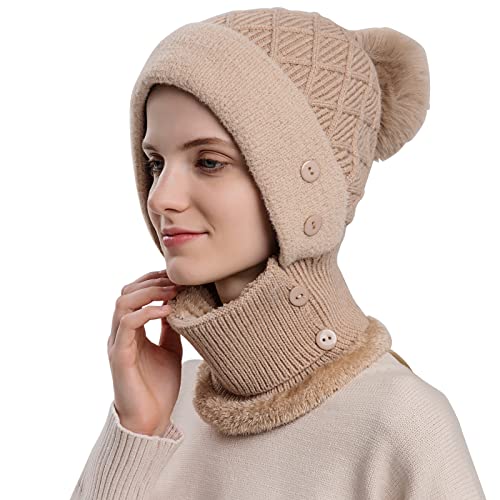 WANYI Wintermütze Strickmütze Sturmhaube Winter Damen mit Kaputzenschal und Ohrenschutz 2 in 1 Warme mütze schal Set Winddichte Mütze Ski Gesichtsmaske mit Fleecefutter 56-59cm (88 Khaki) von WANYI