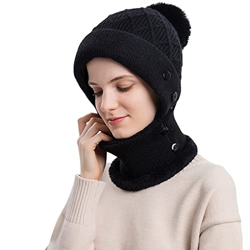 WANYI Wintermütze Strickmütze Sturmhaube Winter Damen mit Kaputzenschal und Ohrenschutz 2 in 1 Warme mütze schal Set Winddichte Mütze Ski Gesichtsmaske mit Fleecefutter 56-59cm (88 Schwarz) von WANYI