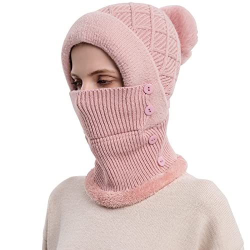 WANYI 2 in 1 Winter Mütze für Damen Wintermütze Strickmütze mit Schal Warme Mütze Kreis Schal Set Winddichte Balaclava Sturmhaube mit Fleecefutter 55-60CM (88 Rose) von WANYI