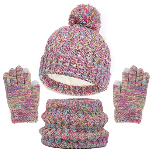 WANYI Mütze Schal Set Mädchen, Wintermütze Kinder Beanie Mütze Schal Handschuhe Set Mützen Jungen Warme Bommelmütze Strickmütze mit Weichem Innenfutter für Kinder 1-6 Jahre (A, Regenbogen Mix) von WANYI