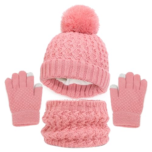 WANYI Mütze Schal Set Mädchen, Wintermütze Kinder Beanie Mütze Schal Handschuhe Set Mützen Jungen Warme Bommelmütze Strickmütze mit Weichem Innenfutter für Kinder 1-6 Jahre (A, Dunkelrosa) von WANYI