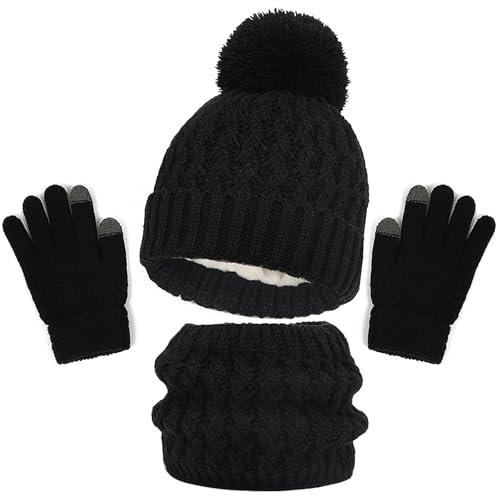 WANYI Mütze Schal Set Mädchen, Wintermütze Kinder Beanie Mütze Schal Handschuhe Set Mützen Jungen Warme Bommelmütze Strickmütze mit Weichem Innenfutter für Kinder 1-6 Jahre (A, Schwarz) von WANYI