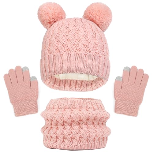 WANYI Mütze Schal Set Mädchen, Wintermütze Kinder Beanie Mütze Schal Handschuhe Set Mützen Jungen Warme Bommelmütze Strickmütze mit Weichem Innenfutter für Kinder 1-6 Jahre (B,Hellrosa) von WANYI