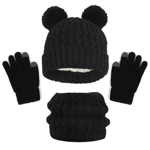WANYI Mütze Schal Set Mädchen, Wintermütze Kinder Beanie Mütze Schal Handschuhe Set Mützen Jungen Warme Bommelmütze Strickmütze mit Weichem Innenfutter für Kinder 1-6 Jahre (B,Schwarz) von WANYI