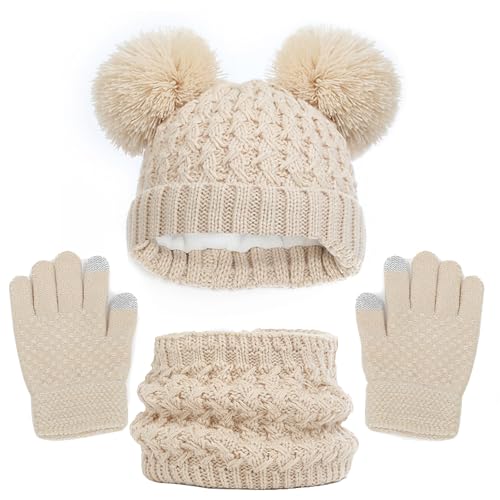 WANYI Mütze Schal Set Mädchen, Wintermütze Kinder Beanie Mütze Schal Handschuhe Set Mützen Jungen Warme Bommelmütze Strickmütze mit Weichem Innenfutter für Kinder 1-6 Jahre (Beige) von WANYI