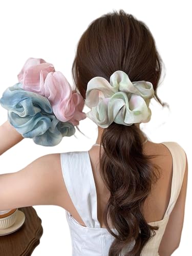 WANYI 3 Stück Haargummi Chiffon Scrunchies Haargummi 18cm Groß Elastische Haargummis Scrunchie Tüll Zopfgummis für Damen Mädchen(Rosa+Blau+Grün) von WANYI