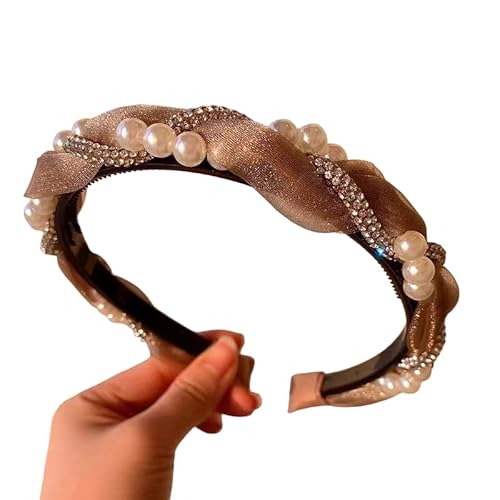 WANYI 3 Stück Haarreifen Damen Elegant Haarreif Geflochten Strasssteine Stirnband mit Perlen Mode Stirnbänder Haarband für Damen Mädchen Haarschmuck(Hellbraun) von WANYI