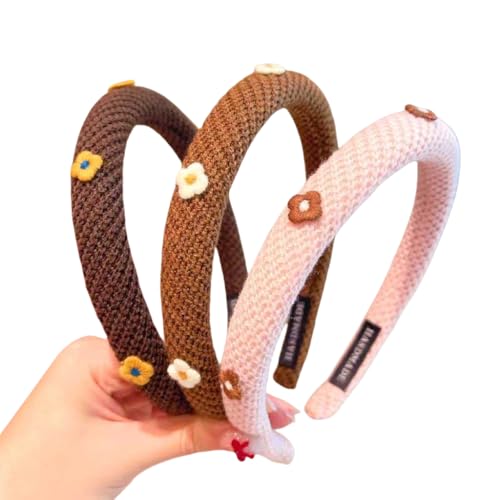 WANYI 3 Stück Haarreifen Damen Haarreif mit Blumen Haarband Haarschmuck aus Strickwolle Niedliche Haarbänder Headband für Kleine Mädchen und Damen(02) von WANYI