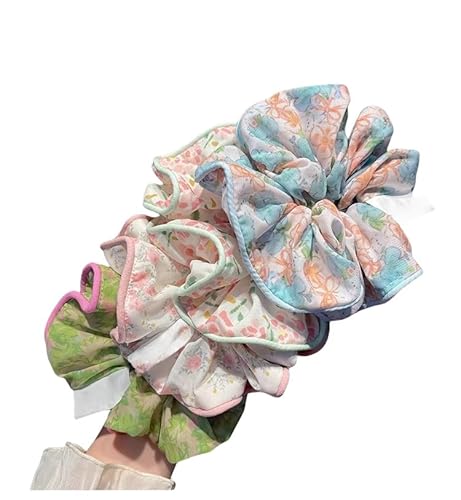 WANYI 4 Stück Blumen Haargummi Damen Scrunchies 14cm Groß Elastische Haargummis Scrunchie mit Blumenmuster Pferdeschwanzhalter Haarschmuck für Damen und Mädchen von WANYI