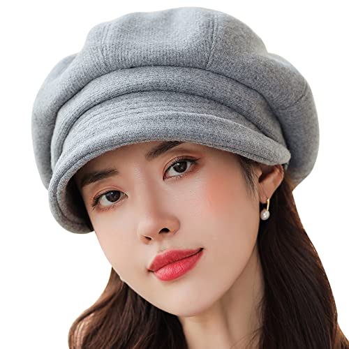 WANYI Beanie Damen Barett Mütze Baskenmütze Dicke Schirmmütze Britischer Retro Stil Mütze Weiche Achteckiger Hut 56-58CM für Frühling Herbst Winter (Grau) von WANYI