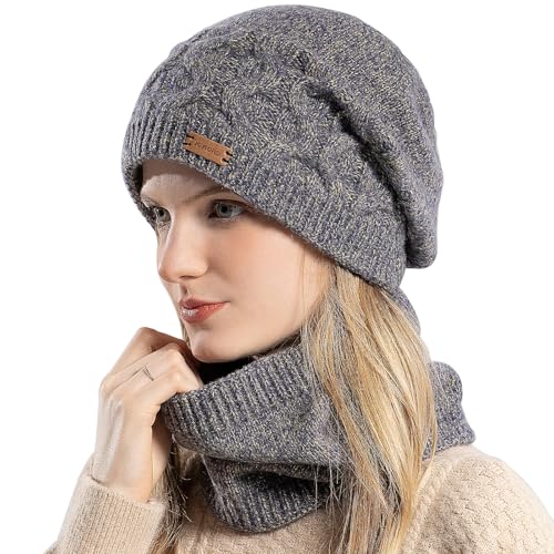 WANYI Damen Mütze Winter Beanie Slouchy Wintermütze Strickmütze Warme Mützen Schal Set mit Weichem Innenfutter für Herbst Winter Frühjahr (Gelb) von WANYI