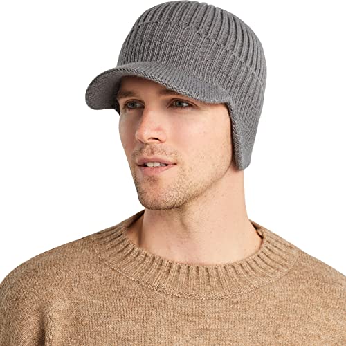 WANYI Gehörschutz Strickmütze Baseballmütze Schirmmütze Herren mit Ohrenklappen Wollmütze Wintermütze Elastisch Verdicken Warm Baseballcap für Herbst und Winter (Doppelschicht Grau) von WANYI