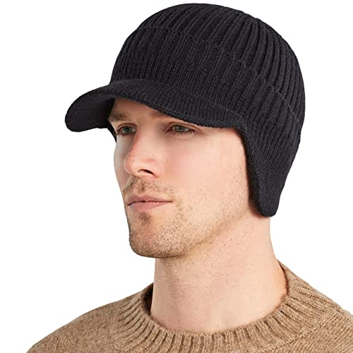 WANYI Gehörschutz Strickmütze Baseballmütze Schirmmütze Herren mit Ohrenklappen Wollmütze Wintermütze Elastisch Verdicken Warm Baseballcap für Herbst und Winter (Doppelschicht Schwarz) von WANYI