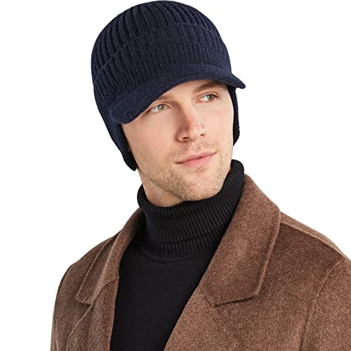 WANYI Gehörschutz Strickmütze Baseballmütze Schirmmütze Herren mit Ohrenklappen Wollmütze Wintermütze Elastisch Verdicken Warm Baseballcap für Herbst und Winter (Einlagig Marineblau) von WANYI