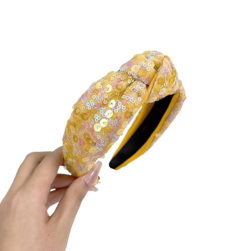 WANYI Glitzer Haarreif Damen 5.6cm Breit Pailletten Haarreifen Stirnbänder aus Polyesterfaser Elastische Haarbänder Haarschmuck für Mädchen Dekorative Frisuren(Gelb) von WANYI