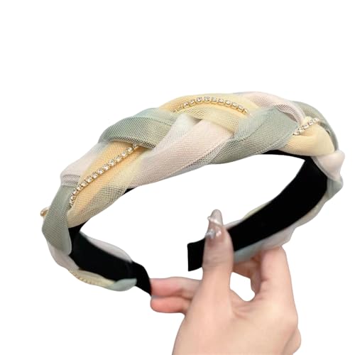 WANYI Glitzer Haarreif Haarreifen Damen Breit Haarband Geflochten Strass Stirnband Stirnbänder aus Tüll Haaraccessoires für Mädchen Damen(Gelb grün) von WANYI
