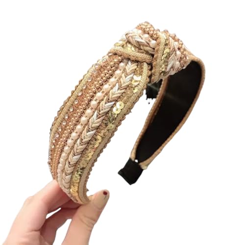 WANYI Haarreifen Damen 5CM Breite Haarreif mit Strass Perlen Bohème-Stil Print Haarband Haarbänder Stirnband mit Knoten Modisch Kosmetik Haar Accessoire für Mädchen Frauen Abschlussball(Curry) von WANYI