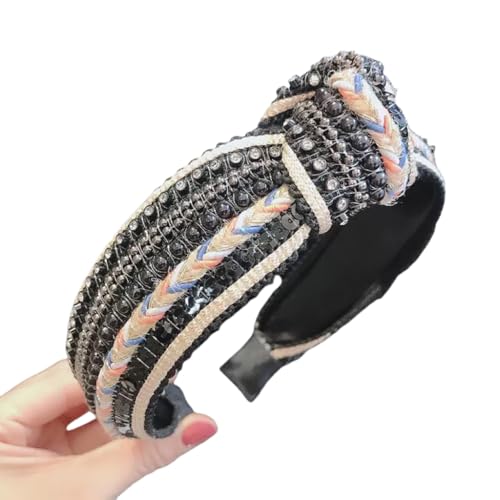 WANYI Haarreifen Damen 5CM Breite Haarreif mit Strass Perlen Bohème-Stil Print Haarband Haarbänder Stirnband mit Knoten Modisch Kosmetik Haar Accessoire für Mädchen Frauen Abschlussball(Schwarz) von WANYI