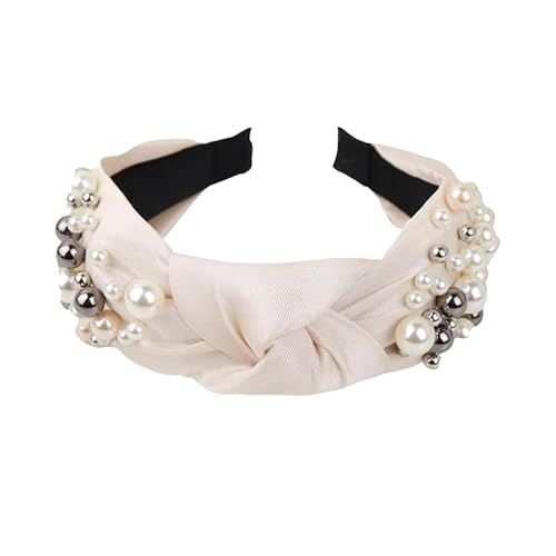 WANYI Haarreifen Damen Haarband Breit Verknotet Haarreif Perlen Modisch Stirnband Elegant Süßes Haarbänder Haarschmuck für Frauen und Mädchen（Beige） von WANYI