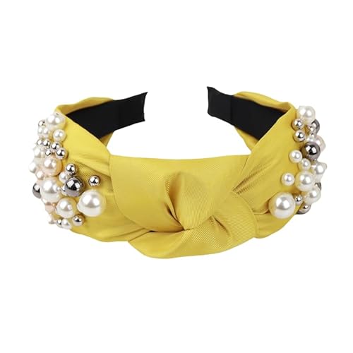 WANYI Haarreifen Damen Haarband Breit Verknotet Haarreif Perlen Modisch Stirnband Elegant Süßes Haarbänder Haarschmuck für Frauen und Mädchen（Gelb） von WANYI
