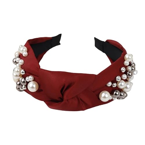 WANYI Haarreifen Damen Haarband Breit Verknotet Haarreif Perlen Modisch Stirnband Elegant Süßes Haarbänder Haarschmuck für Frauen und Mädchen（Rot） von WANYI