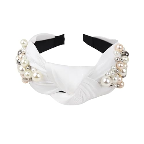 WANYI Haarreifen Damen Haarband Breit Verknotet Haarreif Perlen Modisch Stirnband Elegant Süßes Haarbänder Haarschmuck für Frauen und Mädchen（Weiß） von WANYI