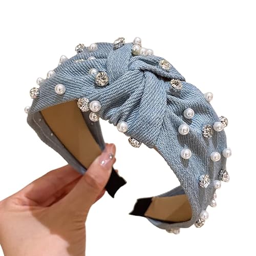 WANYI Haarreifen Haarreif Damen Stirnbänder aus Polyester Mode Perlen Stirnband mit Strasssteine Haarband Haarschmuck für Damen Mädchen Modische Accessoires(Blau grau) von WANYI