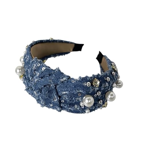 WANYI Haarreifen Haarreif Damen Stirnbänder aus Polyester Mode Perlen Stirnband mit Strasssteine Haarband Haarschmuck für Damen Mädchen Modische Accessoires(Dunkelblau 02) von WANYI