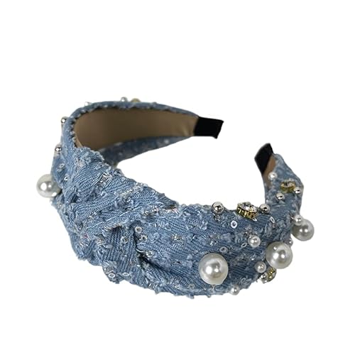 WANYI Haarreifen Haarreif Damen Stirnbänder aus Polyester Mode Perlen Stirnband mit Strasssteine Haarband Haarschmuck für Damen Mädchen Modische Accessoires(Hellblau) von WANYI