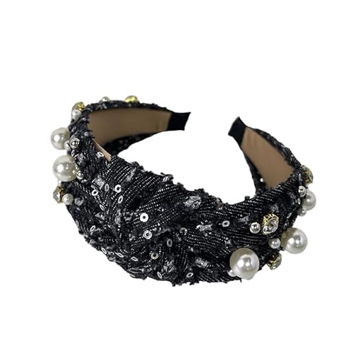 WANYI Haarreifen Haarreif Damen Stirnbänder aus Polyester Mode Perlen Stirnband mit Strasssteine Haarband Haarschmuck für Damen Mädchen Modische Accessoires(Schwarz 02) von WANYI
